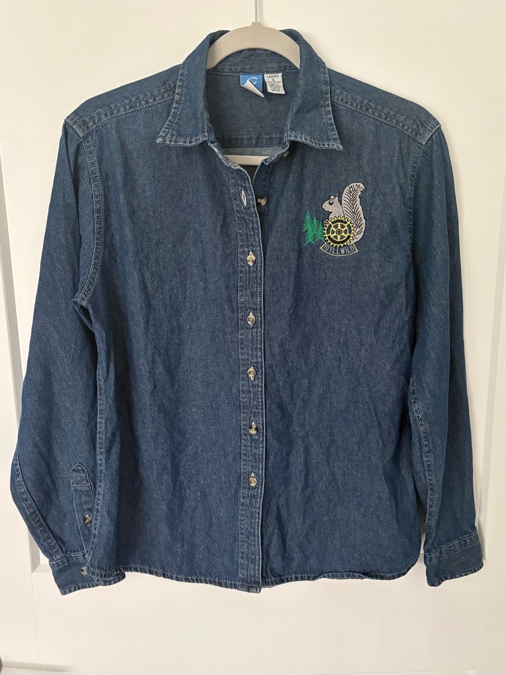 Denim Button-Down Shirt with Embroidered Squirrel